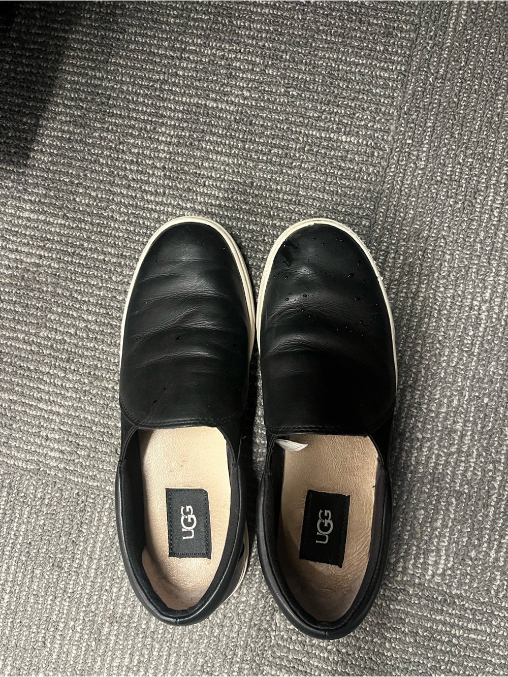 UGG Black Leather Slip-On Sneakers with White Soles